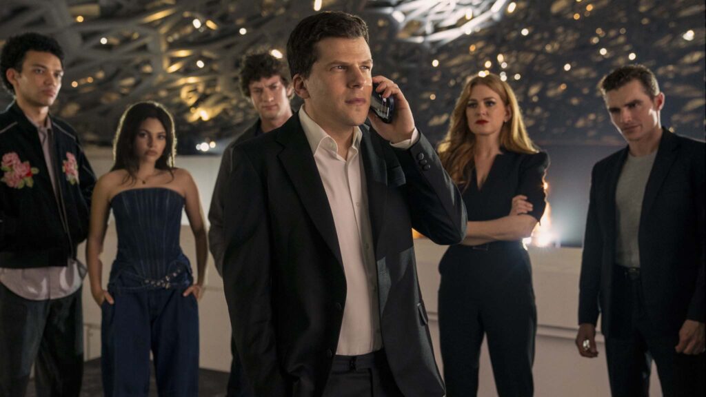 Justice Smith as Charlie, Ariana Greenblatt as June, Dominic Sessa as Bosco, Jesse Eisenberg as J Daniel Atlas, Isla Fisher as Henley Reeves and Dave Franco as Jack Wilder in Now You See Me: Now You Don’t, directed by Ruben Fleischer. Photo: Katalin Vermes. Copyright: Lionsgate. All Rights Reserved.