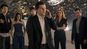 Justice Smith as Charlie, Ariana Greenblatt as June, Dominic Sessa as Bosco, Jesse Eisenberg as J Daniel Atlas, Isla Fisher as Henley Reeves and Dave Franco as Jack Wilder in Now You See Me: Now You Don’t, directed by Ruben Fleischer. Photo: Katalin Vermes. Copyright: Lionsgate. All Rights Reserved.