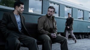 Rami Malek as Douglas Kelley and Leo Woodall as Sergeant Howie Triest in Nuremberg, directed by James Vanderbilt. Photo: Scott Garfield. Copyright: Sky TV. All Rights Reserved.