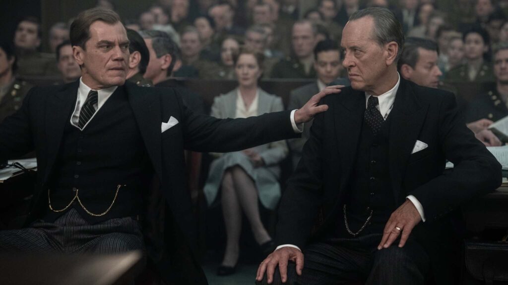 Michael Shannon as Justice Jackson and Richard E Grant as Maxwell-Fyfe in Nuremberg, directed by James Vanderbilt. Photo: Scott Garfield. Copyright: Sky TV. All Rights Reserved.
