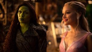 Cynthia Erivo as Elphaba and Ariana Grande as Glinda in Wicked: For Good, directed by Jon M Chu. Photo: Giles Keyte. Copyright: Universal Studios. All Rights Reserved.