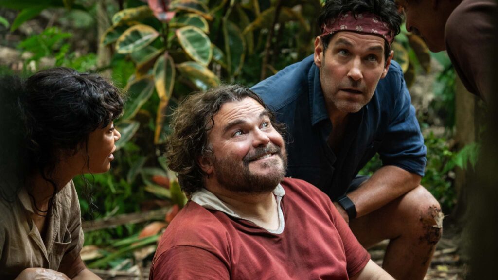 Thandiwe Newton as Claire, Jack Black as Doug, Paul Rudd as Griff and Steve Zahn and Kenny in Anaconda, directed by Tom Gormican. Photo: Bradley Patrick. Copyright: 2025 CTMG, Inc. All Rights Reserved.