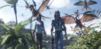 Zoe Saldana as Neytiri and Sam Worthington as Jake Sully in Avatar: Fire And Ash, directed by James Cameron. Copyright: 20th Century Studios. All Rights Reserved.