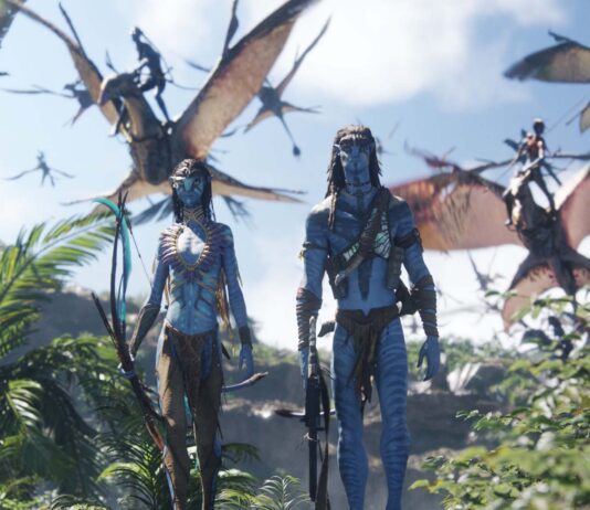 Zoe Saldana as Neytiri and Sam Worthington as Jake Sully in Avatar: Fire And Ash, directed by James Cameron. Copyright: 20th Century Studios. All Rights Reserved.