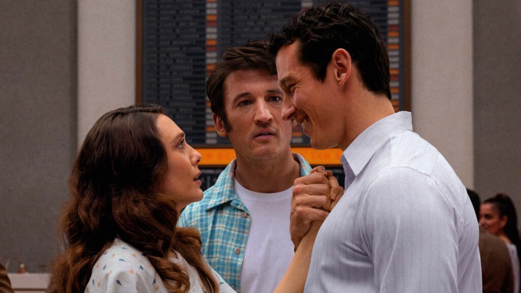 Elizabeth Olsen as Joan, Miles Teller as Larry Cutler and Callum Turner as Luke in Eternity, directed by David Freyne. Photo: Leah Gallo. Copyright: A24. All Rights Reserved.