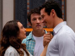 Elizabeth Olsen as Joan, Miles Teller as Larry Cutler and Callum Turner as Luke in Eternity, directed by David Freyne. Photo: Leah Gallo. Copyright: A24. All Rights Reserved.