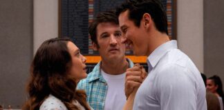 Elizabeth Olsen as Joan, Miles Teller as Larry Cutler and Callum Turner as Luke in Eternity, directed by David Freyne. Photo: Leah Gallo. Copyright: A24. All Rights Reserved.