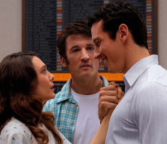 Elizabeth Olsen as Joan, Miles Teller as Larry Cutler and Callum Turner as Luke in Eternity, directed by David Freyne. Photo: Leah Gallo. Copyright: A24. All Rights Reserved.