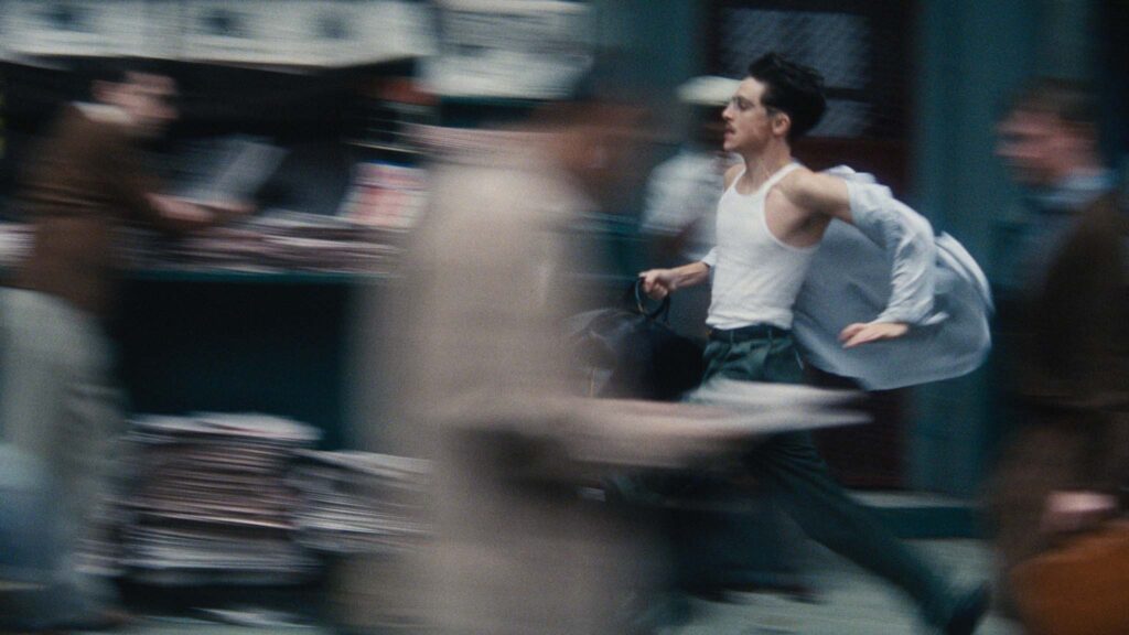 Timothee Chalamet as Marty Mauser in Marty Supreme, directed by Josh Safdie. Copyright: A24 Films/Entertainment Film Distributors. All Rights Reserved.