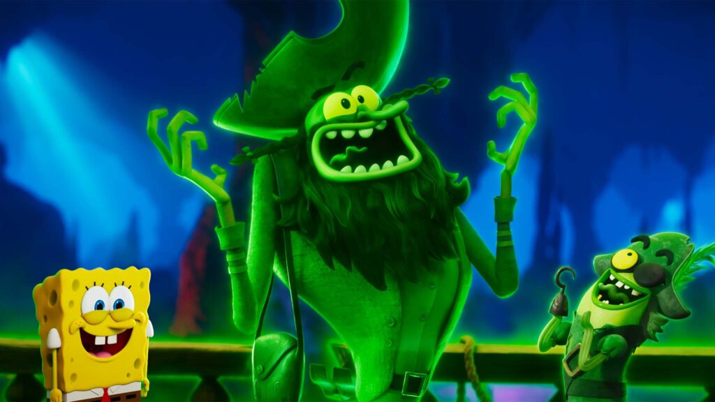 SpongeBob SquarePants (voiced by Tom Kenny), Flying Dutchman (Mark Hamill) and Barb (Regina Hall) in The SpongeBob Movie: Search For SquarePants, directed by Derek Drymon. Copyright: Paramount Pictures and Viacom International Inc. SpongeBob SquarePants is a trademark of Viacom International Inc. All Rights Reserved.