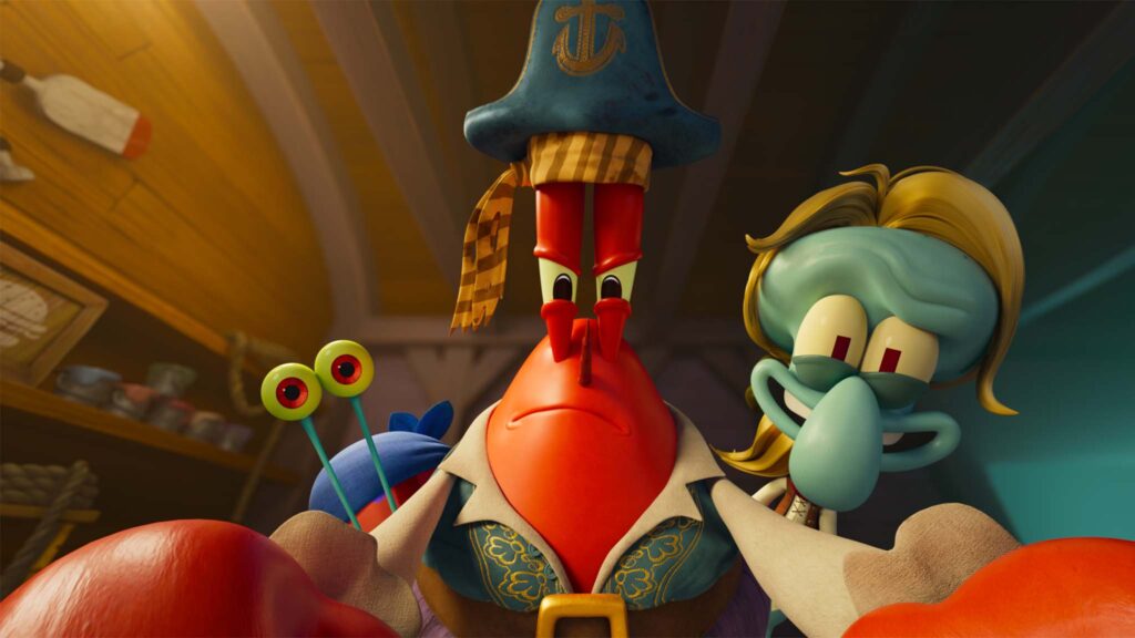 Gary (voiced by Tom Kenny), Mr Krabs (Clancy Brown) and Squidward (Rodger Bumpass) in The SpongeBob Movie: Search For SquarePants, directed by Derek Drymon. Copyright: Paramount Pictures and Viacom International Inc. SpongeBob SquarePants is a trademark of Viacom International Inc. All Rights Reserved.