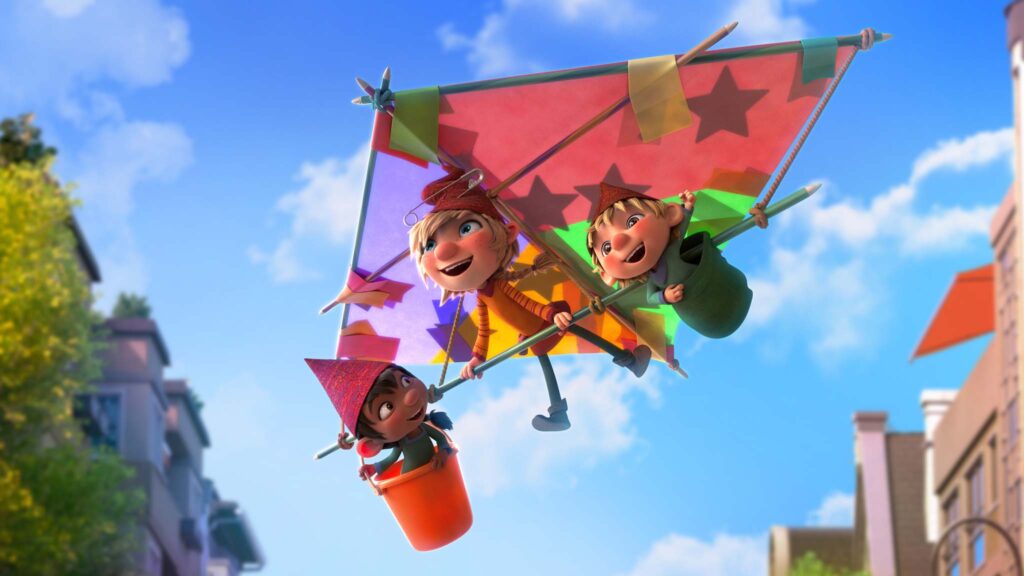 Elfie goes hand-gliding with two young Elfkins in The Super Elfkins, directed by Ute von Munchow-Pohl. Copyright: Dazzler Media. All Rights Reserved.