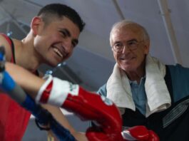 Amir El-Masry as Naseem Hamed and Pierce Brosnan as Brendan Ingle in Giant, directed by Rowan Athale. Photo: Sam Taylor. Copyright: True Brit. All Rights Reserved.