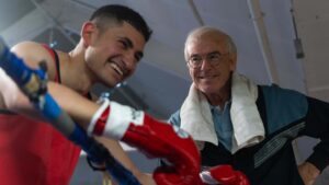 Amir El-Masry as Naseem Hamed and Pierce Brosnan as Brendan Ingle in Giant, directed by Rowan Athale. Photo: Sam Taylor. Copyright: True Brit. All Rights Reserved.