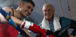 Amir El-Masry as Naseem Hamed and Pierce Brosnan as Brendan Ingle in Giant, directed by Rowan Athale. Photo: Sam Taylor. Copyright: True Brit. All Rights Reserved.
