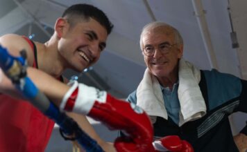 Amir El-Masry as Naseem Hamed and Pierce Brosnan as Brendan Ingle in Giant, directed by Rowan Athale. Photo: Sam Taylor. Copyright: True Brit. All Rights Reserved.