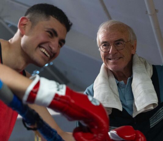 Amir El-Masry as Naseem Hamed and Pierce Brosnan as Brendan Ingle in Giant, directed by Rowan Athale. Photo: Sam Taylor. Copyright: True Brit. All Rights Reserved.
