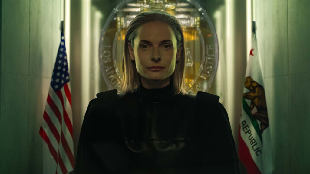 Rebecca Ferguson as Judge Maddox in Mercy, directed by Timur Bekmambetov. Copyright: 2025 Amazon Content Services LLC. All Rights Reserved.