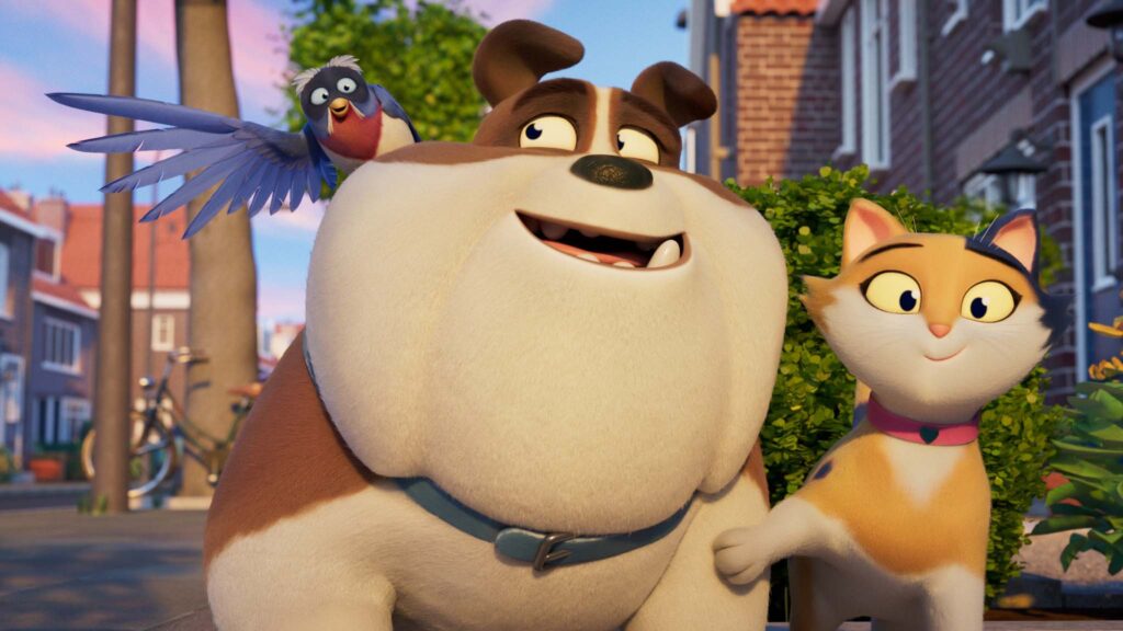 Old swallow Ayo, farm dog Brute and hosue cat Moxy in Miss Moxy, directed by Wip Vernooij and Vincent Bal. Copyright: Dazzler Media. All Rights Reserved.