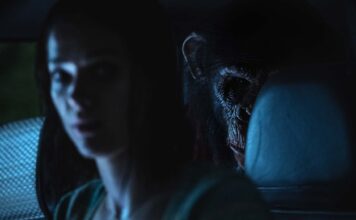 Jessica Alexander as Hannah and Miguel Torres Umba as Ben in Primate, directed by Johannes Roberts. Photo: Gareth Gatrell. Copyright: Paramount Pictures. All Rights Reserved.
