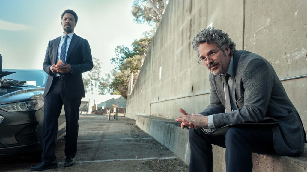 Corey Hawkins as Tillman and Mark Ruffalo as Lou in Crime 101, directed by Bart Layton. Photo: Merrick Morton. Copyright: Amazon MGM Studios Content Services LLC. All Rights Reserved., right) in CRIME 101