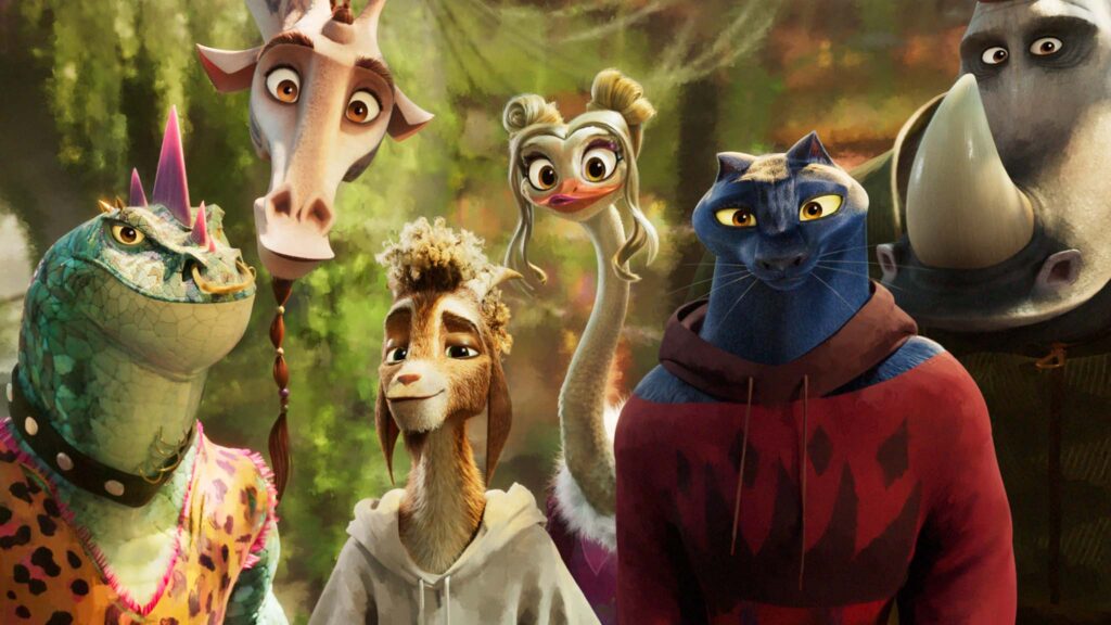 Modo (voiced by Nick Kroll), Lenny (Stephen Curry), Will (Caleb McLaughlin), Olivia (Nicola Coughlan), Jett (Gabrielle Union) and Archie (David Harbour) Will (voiced by Caleb McLaughlin) in GOAT, directed by Tyree Dillihay and Adam Rosette. Copyright: CTMG, Inc./Sony Pictures Animation. All Rights Reserved.
