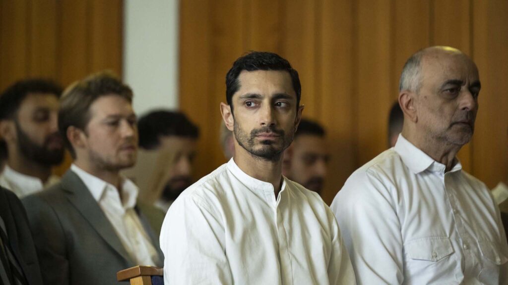 Joe Alwyn as Laertes, Riz Ahmed as Prince Hamlet and Art Malik as Claudius in Hamlet, directed by Aneil Karia. Copyright: Universal Studios. All Rights Reserved.