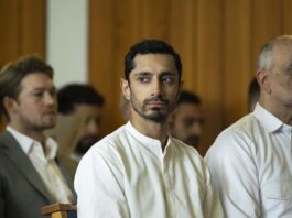 Joe Alwyn as Laertes, Riz Ahmed as Prince Hamlet and Art Malik as Claudius in Hamlet, directed by Aneil Karia. Copyright: Universal Studios. All Rights Reserved.
