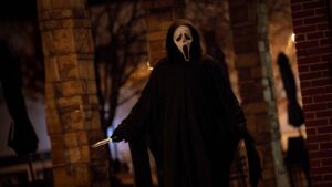 Ghostface in Scream 7, directed by Kevin Williamson. Photo: Jessica Miglio. Copyright: 2025 Paramount Pictures. Ghost Face is a Registered Trademark of Fun World Div., Easter Unlimited, Inc. 1999. All Rights Reserved.