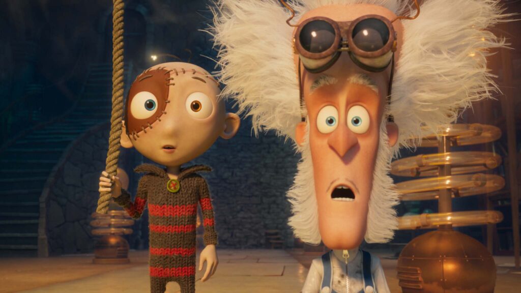 Stitch Head (voiced by Asa Butterfield) and Professor (Rob Brydon) in Stitch Head, directed by Steve Hudson. Copyright: Kazoo Films. All Rights Reserved.