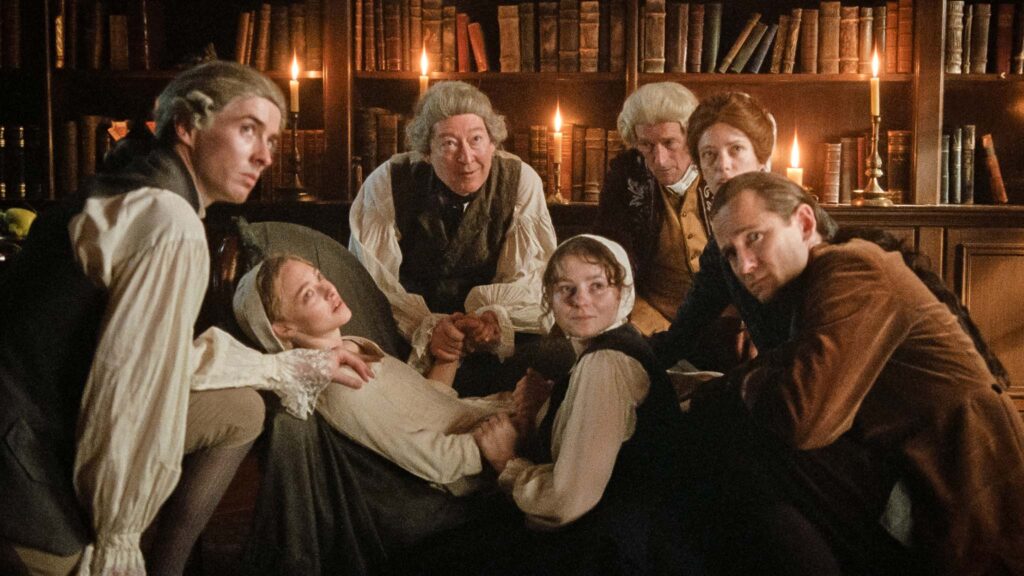 Matthew Beard as James Whittaker, Amanda Seyfried as Ann Lee, Scott Handy as James Wardley, Thomasin McKenzie as Mary Partington, Jeremy Wheeler as John Townley, Stacy Martin as Jane Wardley and Lewis Pullman as William Lee in The Testament Of Ann Lee, directed by Mona Fastvold. Copyright: Searchlight Pictures. All Rights Reserved.