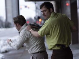 Montgomery as Richard Hall and Bill Skarsgård as Tony Kiritsis in Dead Man’s Wire, directed by Gus Van Sant. Photo: Stefania Rosini. Copyright: Row K Entertainment. All Rights Reserved.