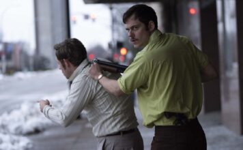 Film Review of the Week 16 March 2026 Montgomery as Richard Hall and Bill Skarsgård as Tony Kiritsis in Dead Man’s Wire, directed by Gus Van Sant. Photo: Stefania Rosini. Copyright: Row K Entertainment. All Rights Reserved.