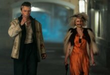 Christian Bale as Frank and Jessie Buckley as The Bride in The Bride!, directed by Maggie Gyllenhaal. Photo: Niko Tavernise. Copyright: Warner Bros. Entertainment Inc.. All Rights Reserved.