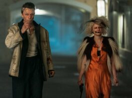 Christian Bale as Frank and Jessie Buckley as The Bride in The Bride!, directed by Maggie Gyllenhaal. Photo: Niko Tavernise. Copyright: Warner Bros. Entertainment Inc.. All Rights Reserved.