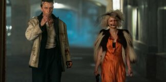 Christian Bale as Frank and Jessie Buckley as The Bride in The Bride!, directed by Maggie Gyllenhaal. Photo: Niko Tavernise. Copyright: Warner Bros. Entertainment Inc.. All Rights Reserved.