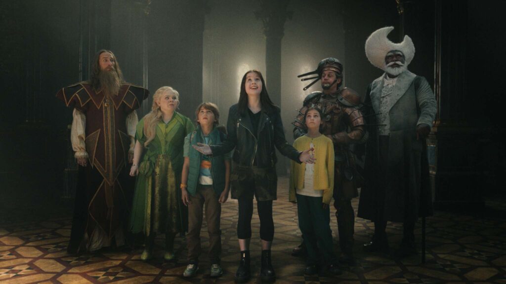 Oliver Chris as Mr Watzisname, Nicola Coughlan as Silky, Phoenix Laroche as Joe Thompson, Delilah Bennett-Cardy as Beth Thompson, Billie Gadsdon as Fran Thompson, Dustin Demri-Burns as Saucepan Man and Nonso Anozie as Moonface in The Magic Faraway Tree, directed by Ben Gregor. Photo: Claire Andrew. Copyright: Entertainment Film Distributors. All Rights Reserved.