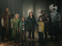 Oliver Chris as Mr Watzisname, Nicola Coughlan as Silky, Phoenix Laroche as Joe Thompson, Delilah Bennett-Cardy as Beth Thompson, Billie Gadsdon as Fran Thompson, Dustin Demri-Burns as Saucepan Man and Nonso Anozie as Moonface in The Magic Faraway Tree, directed by Ben Gregor. Photo: Claire Andrew. Copyright: Entertainment Film Distributors. All Rights Reserved.