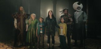 Oliver Chris as Mr Watzisname, Nicola Coughlan as Silky, Phoenix Laroche as Joe Thompson, Delilah Bennett-Cardy as Beth Thompson, Billie Gadsdon as Fran Thompson, Dustin Demri-Burns as Saucepan Man and Nonso Anozie as Moonface in The Magic Faraway Tree, directed by Ben Gregor. Photo: Claire Andrew. Copyright: Entertainment Film Distributors. All Rights Reserved.