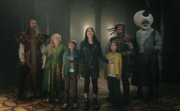 Oliver Chris as Mr Watzisname, Nicola Coughlan as Silky, Phoenix Laroche as Joe Thompson, Delilah Bennett-Cardy as Beth Thompson, Billie Gadsdon as Fran Thompson, Dustin Demri-Burns as Saucepan Man and Nonso Anozie as Moonface in The Magic Faraway Tree, directed by Ben Gregor. Photo: Claire Andrew. Copyright: Entertainment Film Distributors. All Rights Reserved.