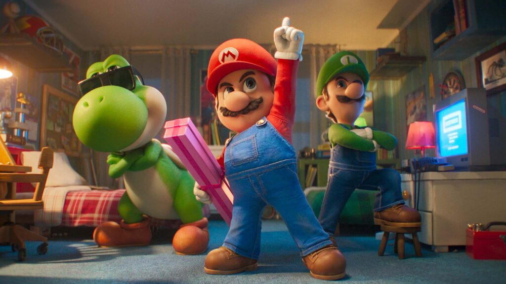 Yoshi (voiced by Donald Glover), Mario (Chris Pratt) and Luigi (Charlie Day) in The Super Mario Galaxy Movie, directed by Aaron Horvath and Michael Jelenic. Copyright: Nintendo and Illumination. All Rights Reserved.