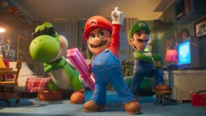 Yoshi (voiced by Donald Glover), Mario (Chris Pratt) and Luigi (Charlie Day) in The Super Mario Galaxy Movie, directed by Aaron Horvath and Michael Jelenic. Copyright: Nintendo and Illumination. All Rights Reserved.