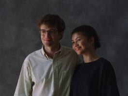 Robert Pattinson as Charlie Thompson and Zendaya as Emma Harwood in The Drama, directed by Kristoffer Borgli. Copyright: A24. All Rights Reserved.