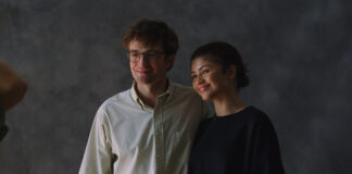Robert Pattinson as Charlie Thompson and Zendaya as Emma Harwood in The Drama, directed by Kristoffer Borgli. Copyright: A24. All Rights Reserved.