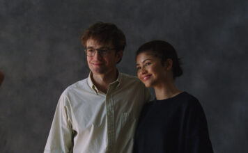 Robert Pattinson as Charlie Thompson and Zendaya as Emma Harwood in The Drama, directed by Kristoffer Borgli. Copyright: A24. All Rights Reserved.