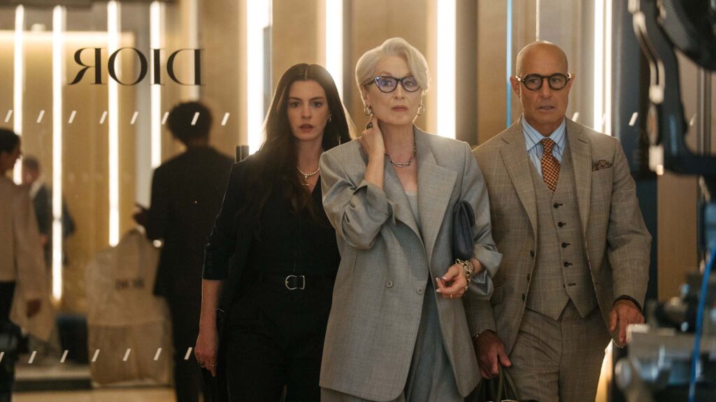 Anne Hathaway as Andy Sachs, Meryl Streep as Miranda Priestly and Stanley Tucci as Nigel Kipling in The Devil Wears Prada 2, directed by David Frankel. Photo: Macall Polay. Copyright: 20th Century Studios. All Rights Reserved.