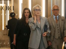 Anne Hathaway as Andy Sachs, Meryl Streep as Miranda Priestly and Stanley Tucci as Nigel Kipling in The Devil Wears Prada 2, directed by David Frankel. Photo: Macall Polay. Copyright: 20th Century Studios. All Rights Reserved.