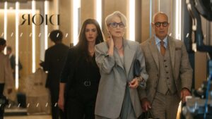 Anne Hathaway as Andy Sachs, Meryl Streep as Miranda Priestly and Stanley Tucci as Nigel Kipling in The Devil Wears Prada 2, directed by David Frankel. Photo: Macall Polay. Copyright: 20th Century Studios. All Rights Reserved.