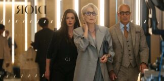 Anne Hathaway as Andy Sachs, Meryl Streep as Miranda Priestly and Stanley Tucci as Nigel Kipling in The Devil Wears Prada 2, directed by David Frankel. Photo: Macall Polay. Copyright: 20th Century Studios. All Rights Reserved.