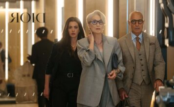 Anne Hathaway as Andy Sachs, Meryl Streep as Miranda Priestly and Stanley Tucci as Nigel Kipling in The Devil Wears Prada 2, directed by David Frankel. Photo: Macall Polay. Copyright: 20th Century Studios. All Rights Reserved.